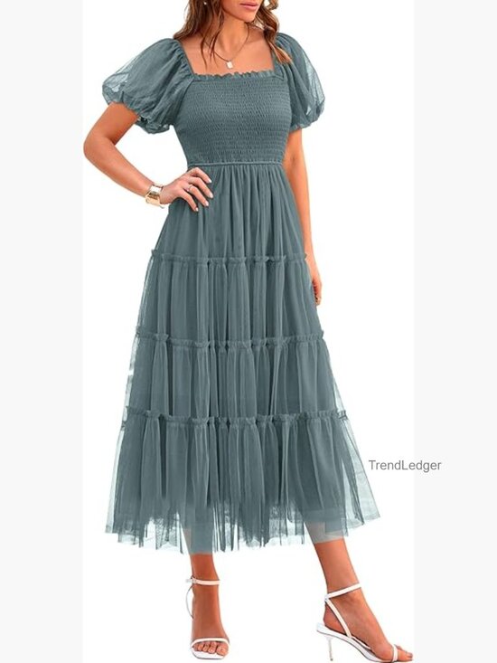 Dresses & Skirts - Smocked Midi Tulle Dress Puffy Sleeves Square Neck Wedding Guest Party